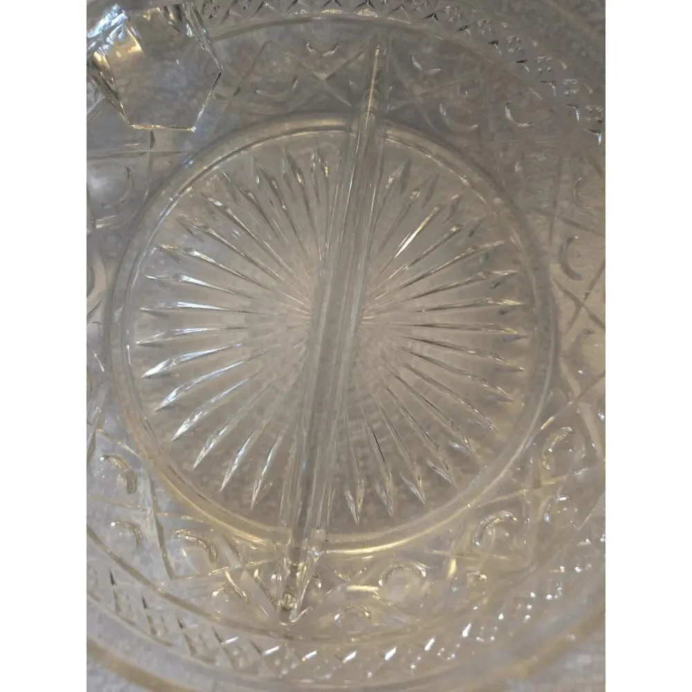 Vintage Imperial Cape Cod Divided Split Cut Pressed Glass Serving Dish W Handle